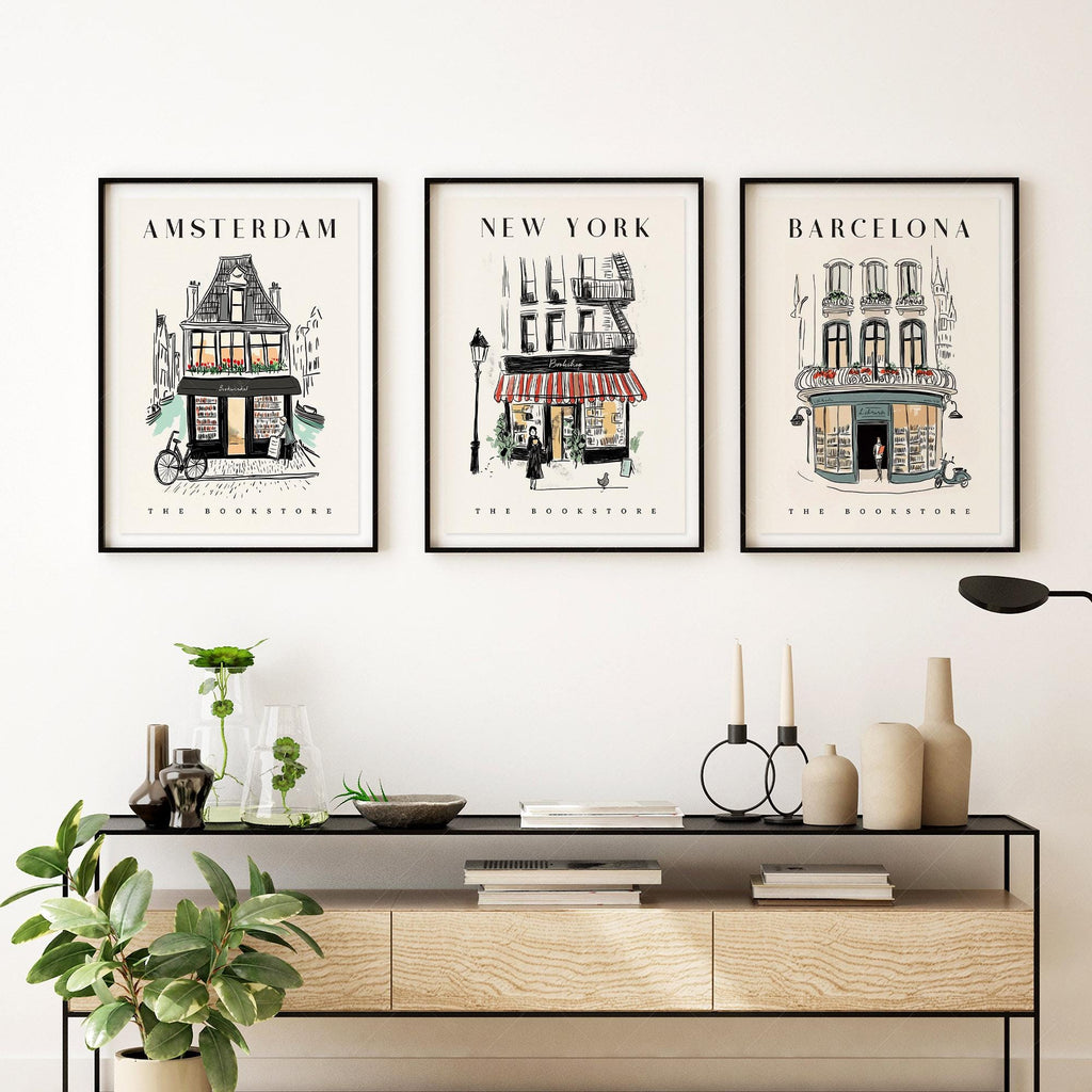 Bookstore Art Print Set – NYC Barcelona Amsterdam Travel Poster Collection