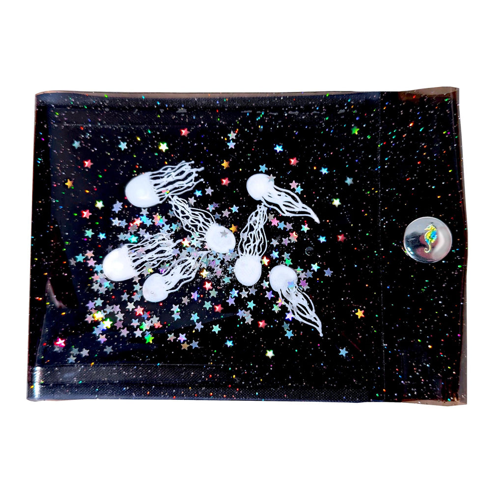 Liquid Glitter Big Wallet with White Jellyfishes Swimming with a Myriad of Holographic Stars Glitter in   Sparkly Vinyl. Eccentric! Unique !