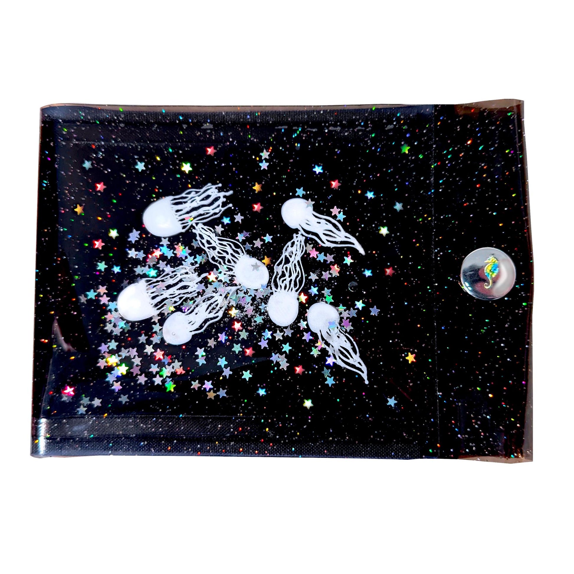 Liquid Glitter Big Wallet with White Jellyfishes Swimming with a Myriad of Holographic Stars Glitter in   Sparkly Vinyl. Eccentric! Unique !