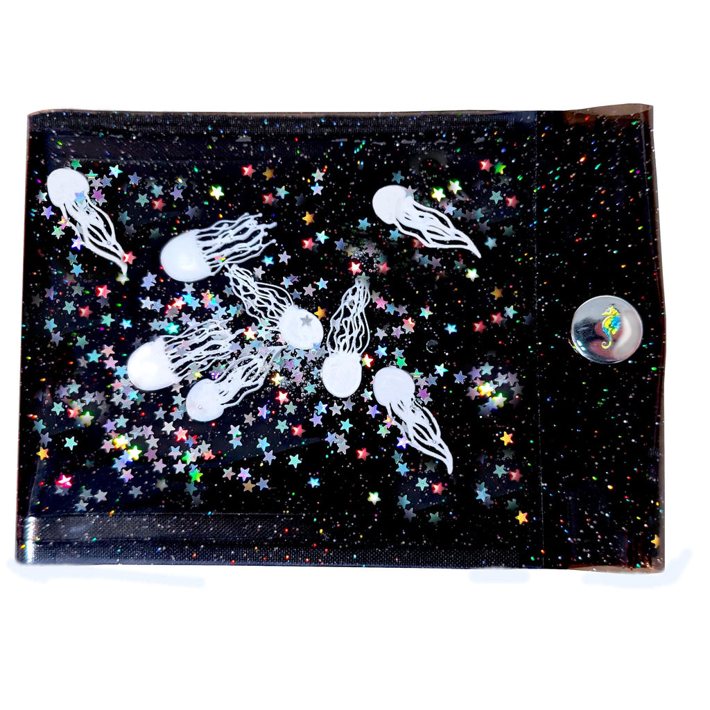 Liquid Glitter Big Wallet with White Jellyfishes Swimming with a Myriad of Holographic Stars Glitter in   Sparkly Vinyl. Eccentric! Unique !