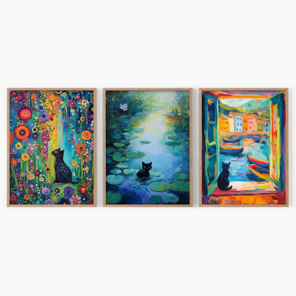 Black Cat Art Print Set of 3 – Famous Paintings Inspired Wall Art Posters