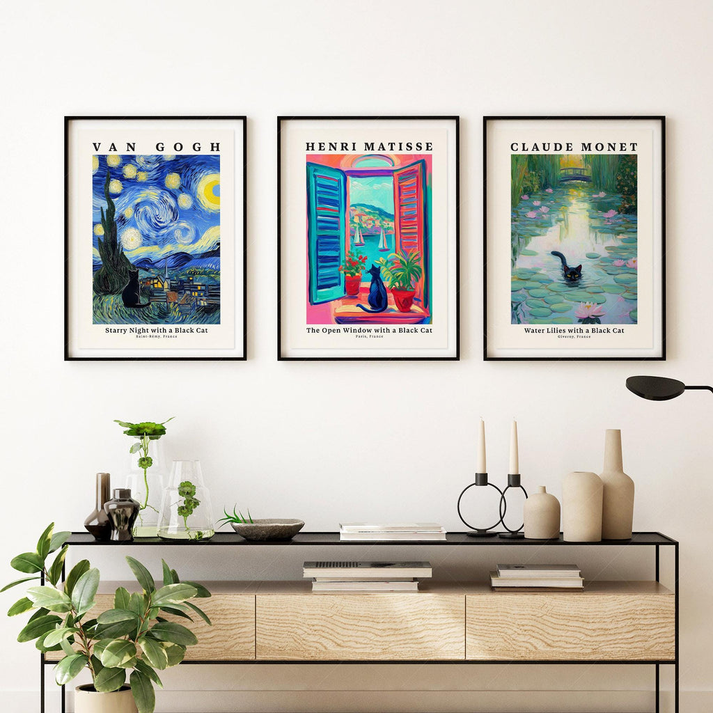 Black Cat Art Print Set – Van Gogh Matisse Monet Inspired Wall Art