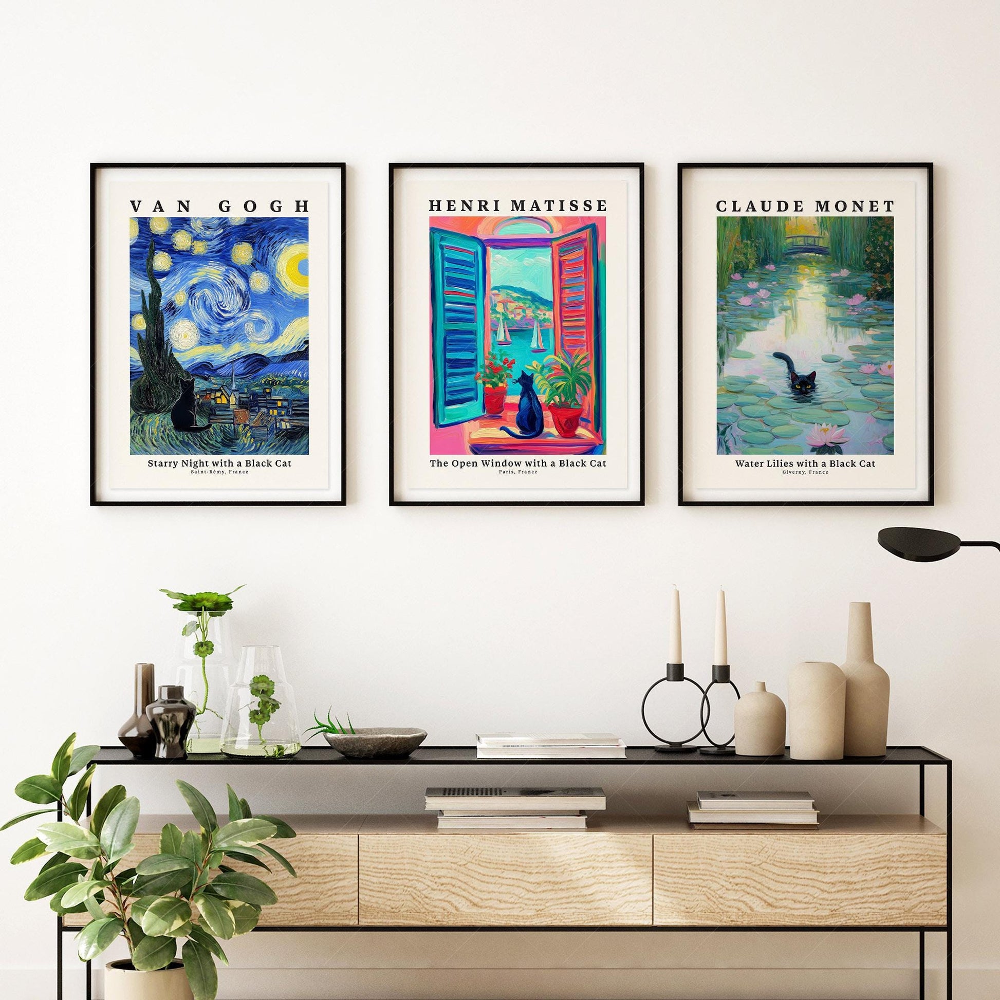 Black Cat Art Print Set – Van Gogh Matisse Monet Inspired Wall Art