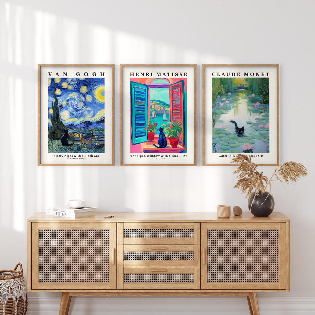 Black Cat Art Print Set – Van Gogh Matisse Monet Inspired Wall Art