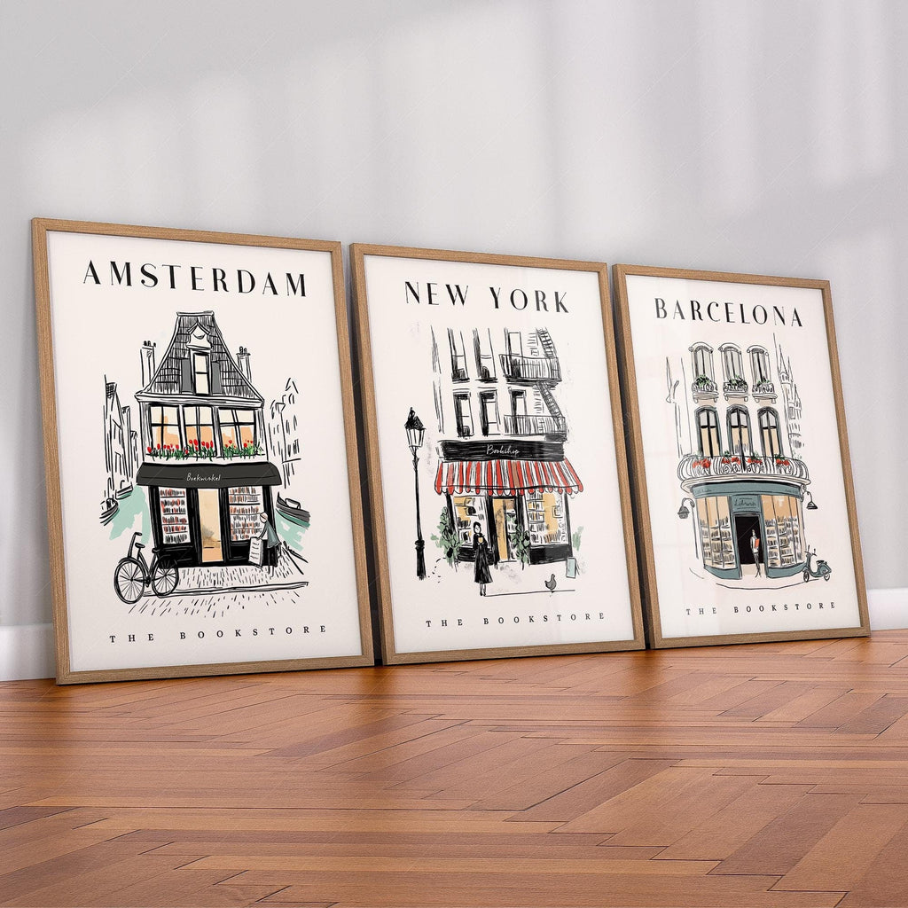Bookstore Art Print Set – NYC Barcelona Amsterdam Travel Poster Collection