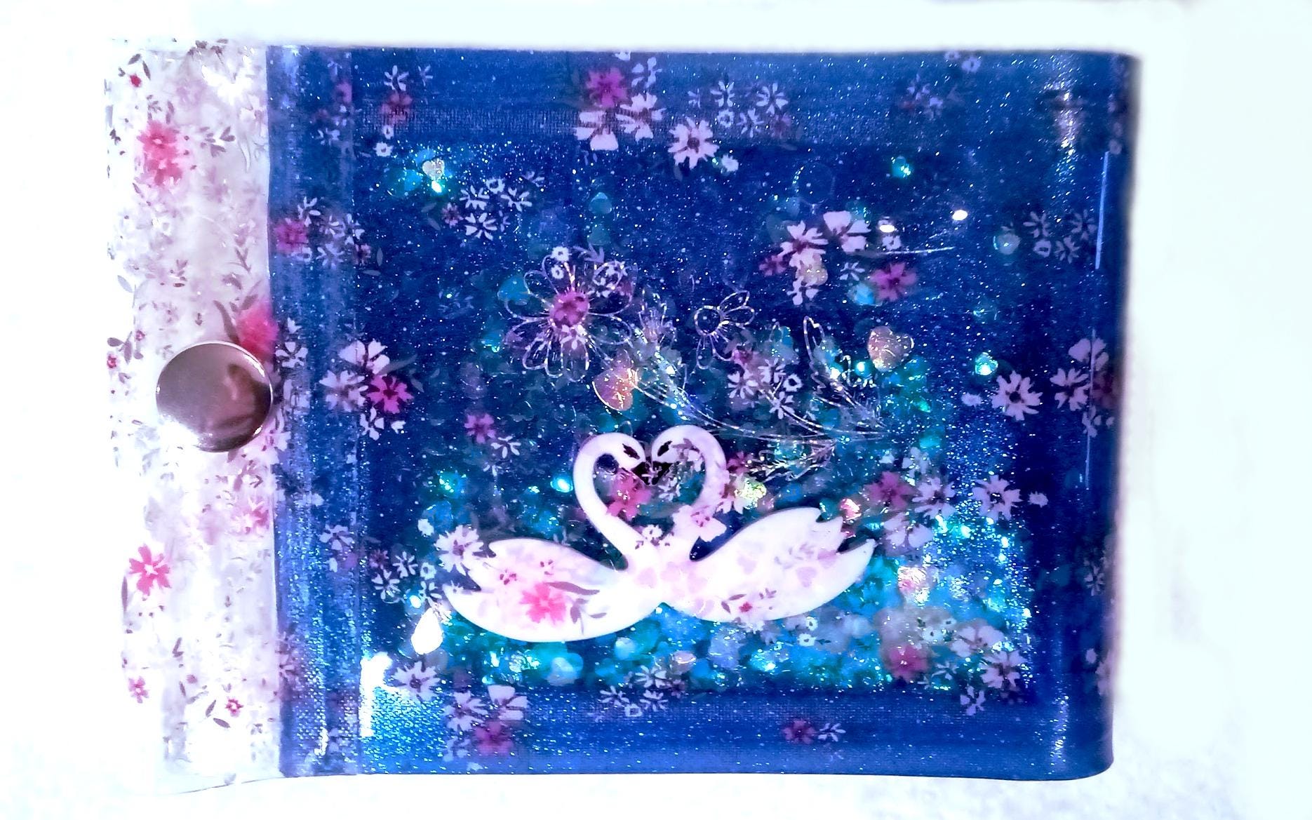 Liquid Glitter Jelly Wallet Heart Shape Swans Love Birds Among Rose Wild Flowers Holograms & Iridescent Holographic Hearts. One-of-a-kind !