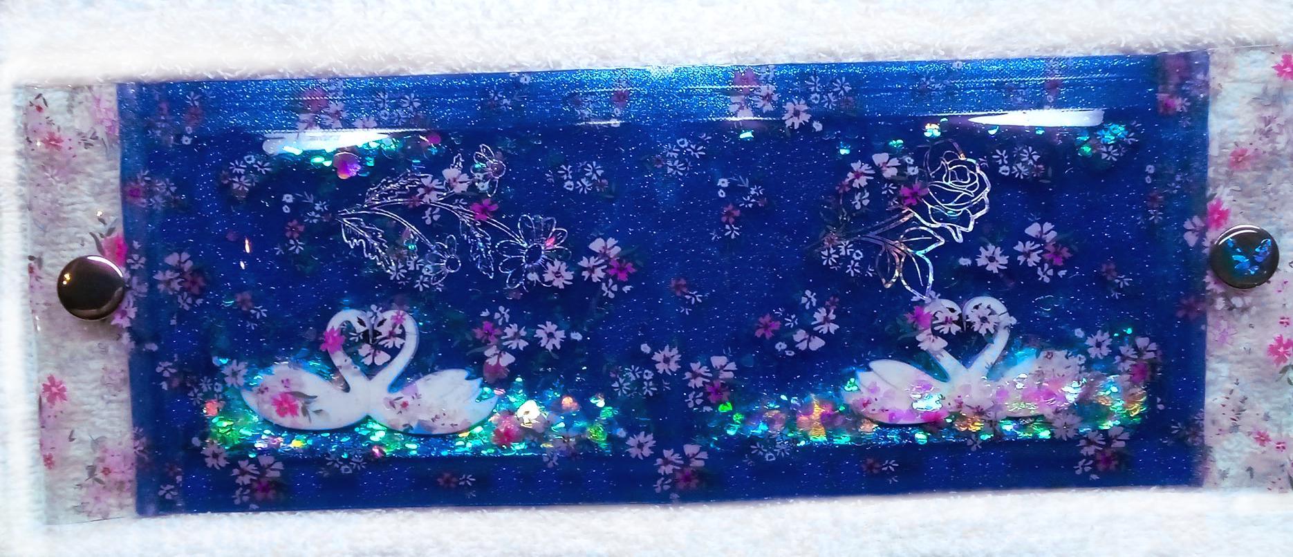 Liquid Glitter Jelly Wallet Heart Shape Swans Love Birds Among Rose Wild Flowers Holograms & Iridescent Holographic Hearts. One-of-a-kind !