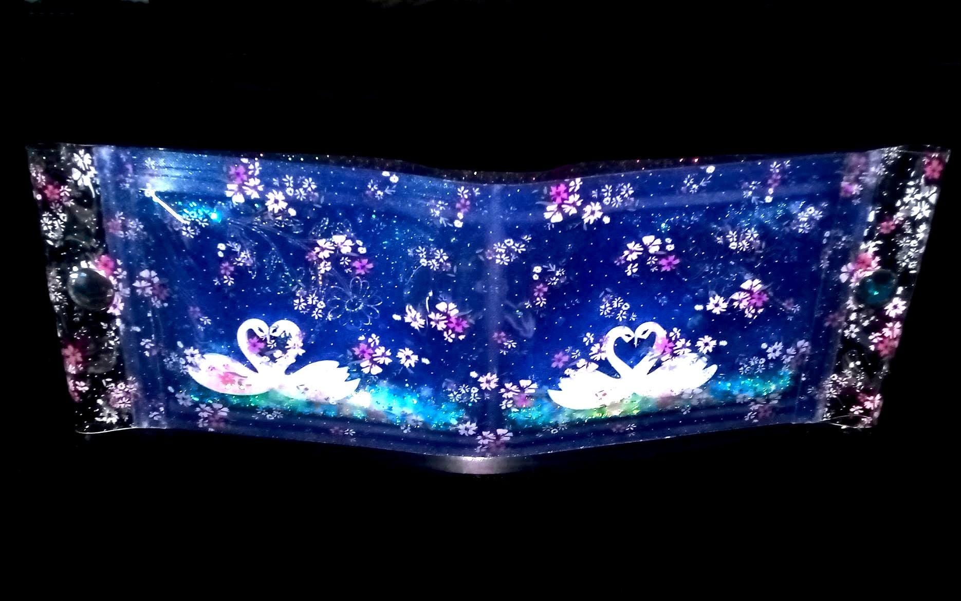 Liquid Glitter Jelly Wallet Heart Shape Swans Love Birds Among Rose Wild Flowers Holograms & Iridescent Holographic Hearts. One-of-a-kind !