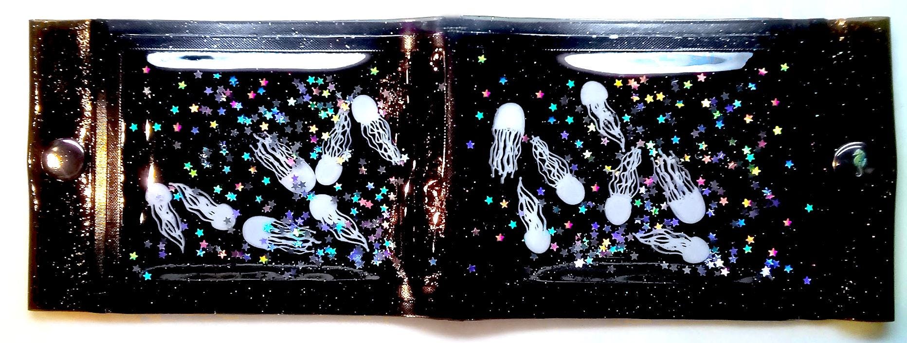 Liquid Glitter Big Wallet with White Jellyfishes Swimming with a Myriad of Holographic Stars Glitter in   Sparkly Vinyl. Eccentric! Unique !