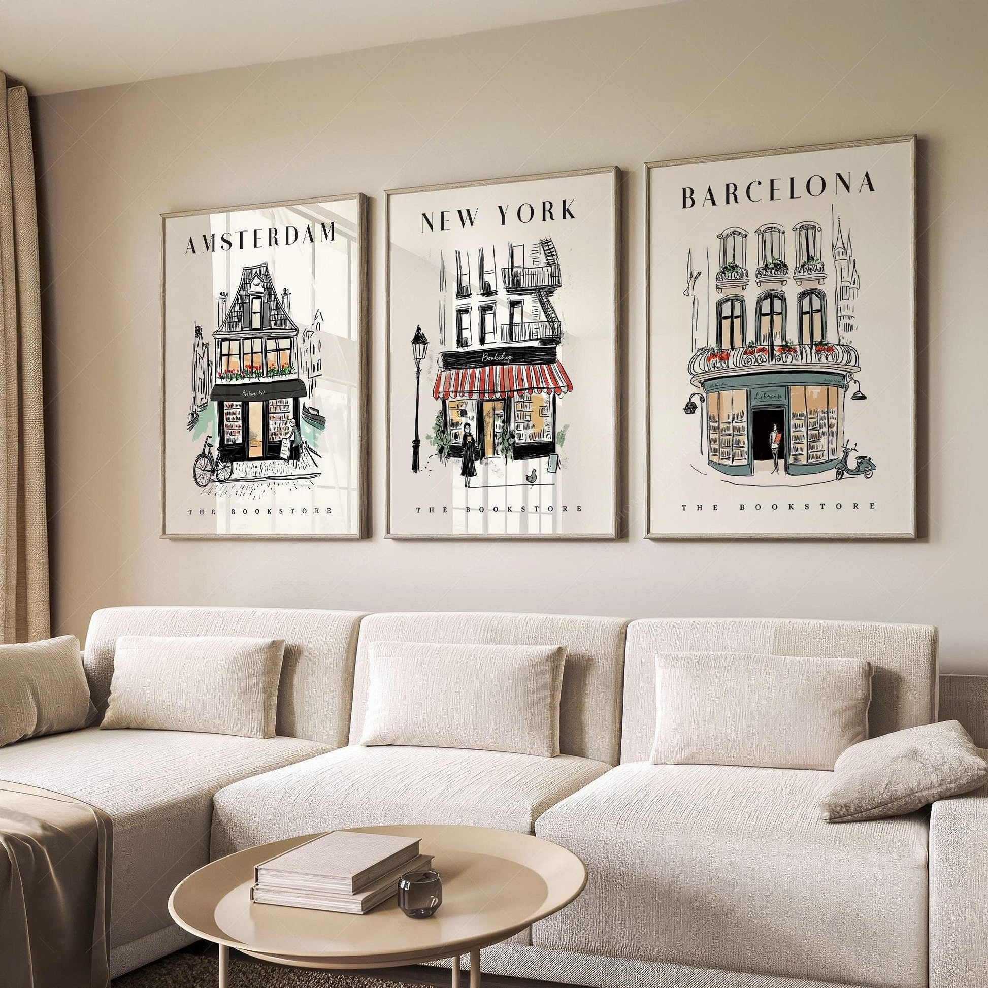 Bookstore Art Print Set – NYC Barcelona Amsterdam Travel Poster Collection