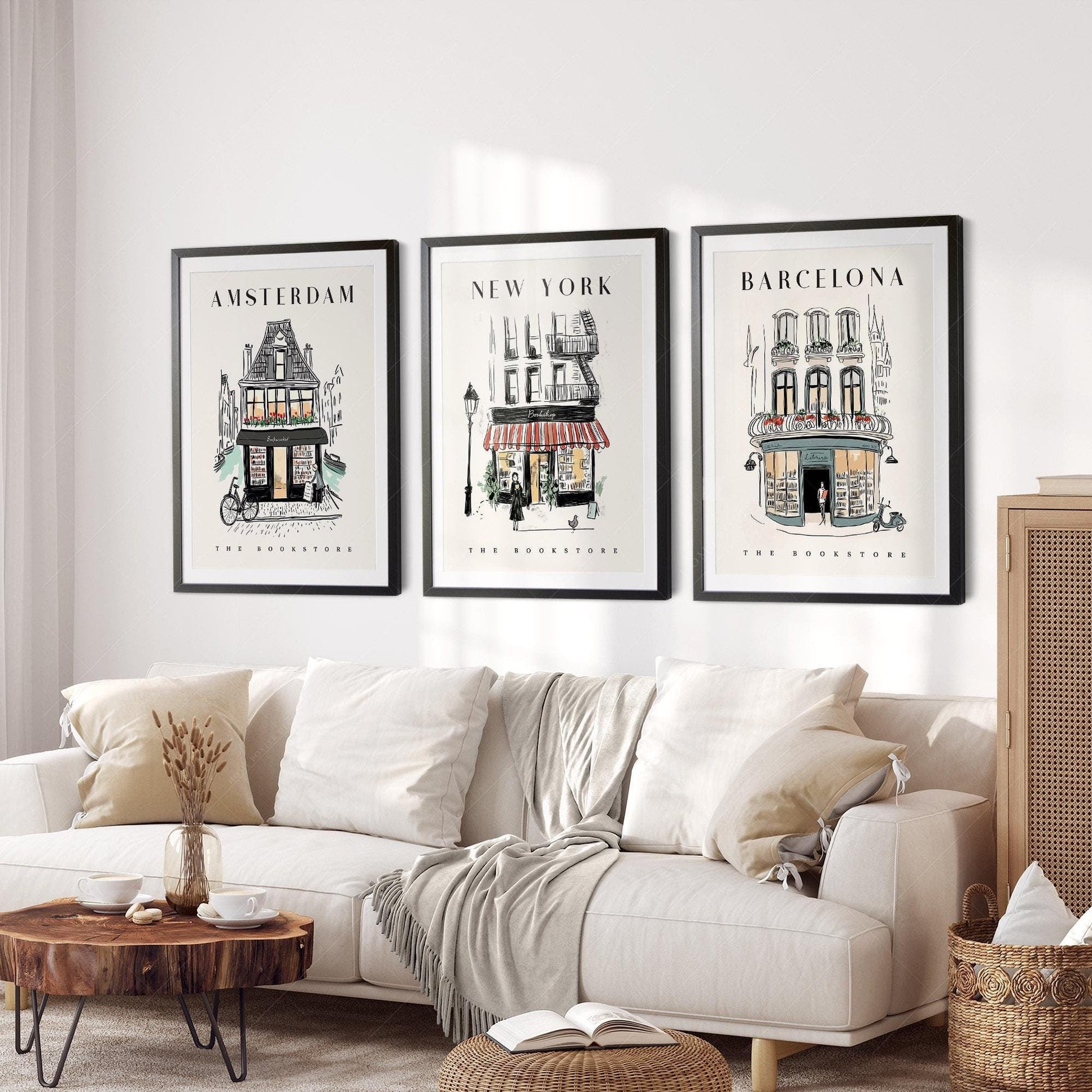 Bookstore Art Print Set – NYC Barcelona Amsterdam Travel Poster Collection