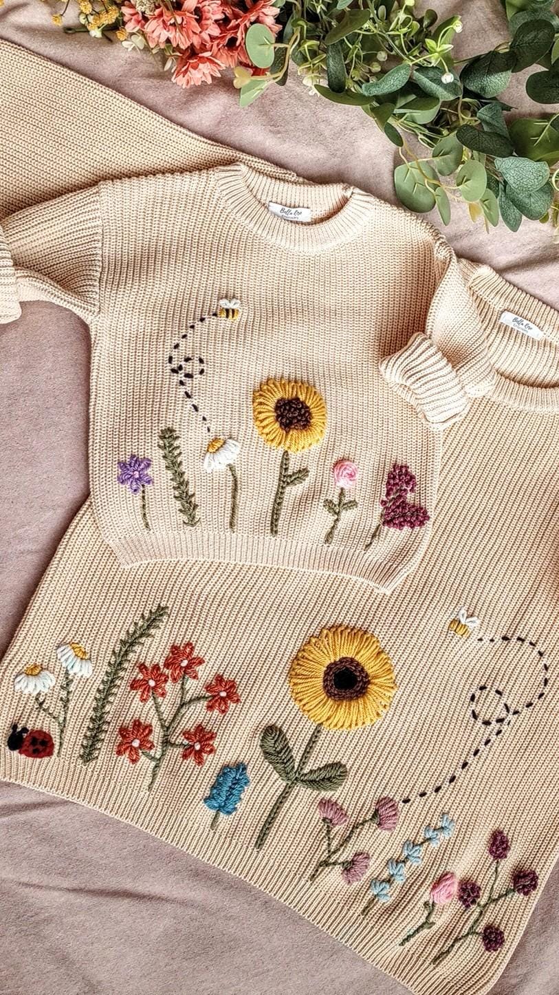 Big Kid Size | Wildflower | Flower Garden | CUSTOM | Hand Embroidered Sweater