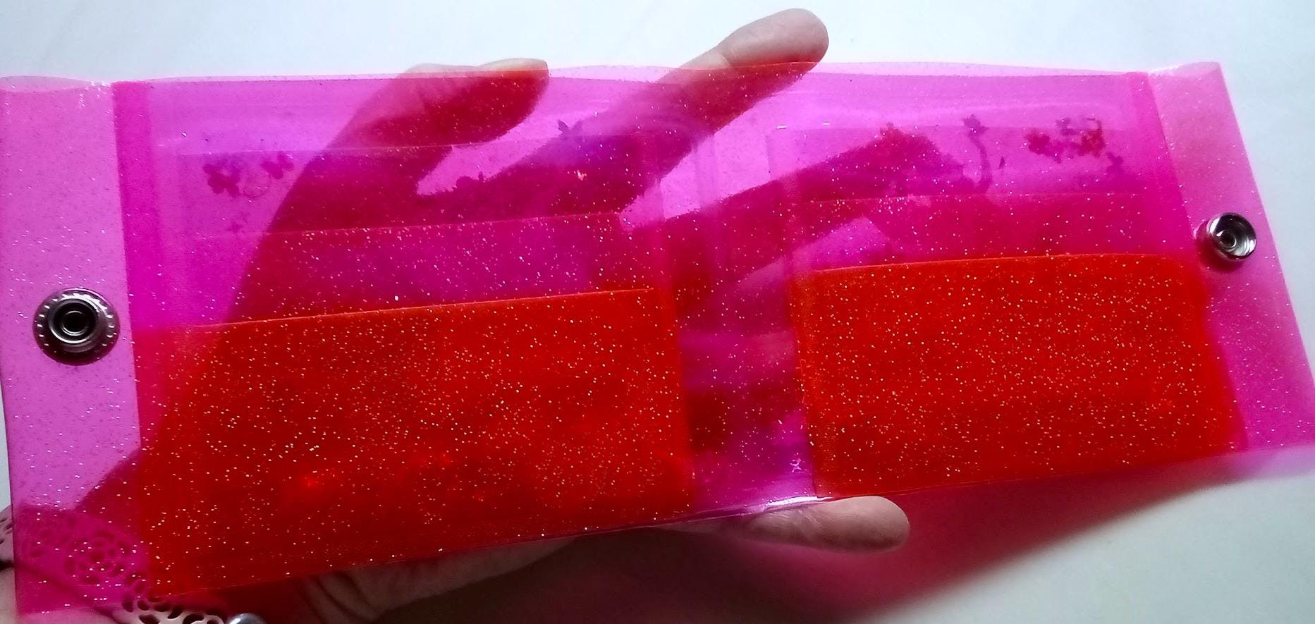 Large Liquid Glitter Jelly Elf Wallet. Multicolor Flower Elves Fairies & Butterfly Shimmer in Holographic Hot Pink Vinyl. Sensory Accessory