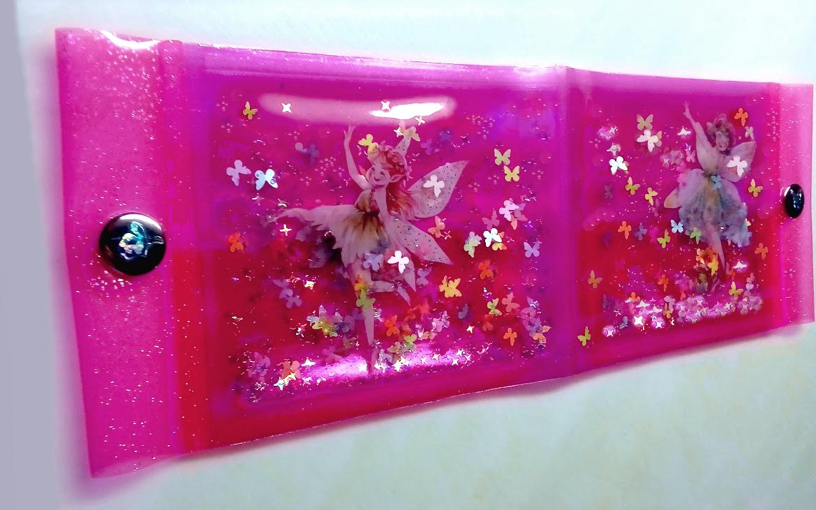 Large Liquid Glitter Jelly Elf Wallet. Multicolor Flower Elves Fairies & Butterfly Shimmer in Holographic Hot Pink Vinyl. Sensory Accessory