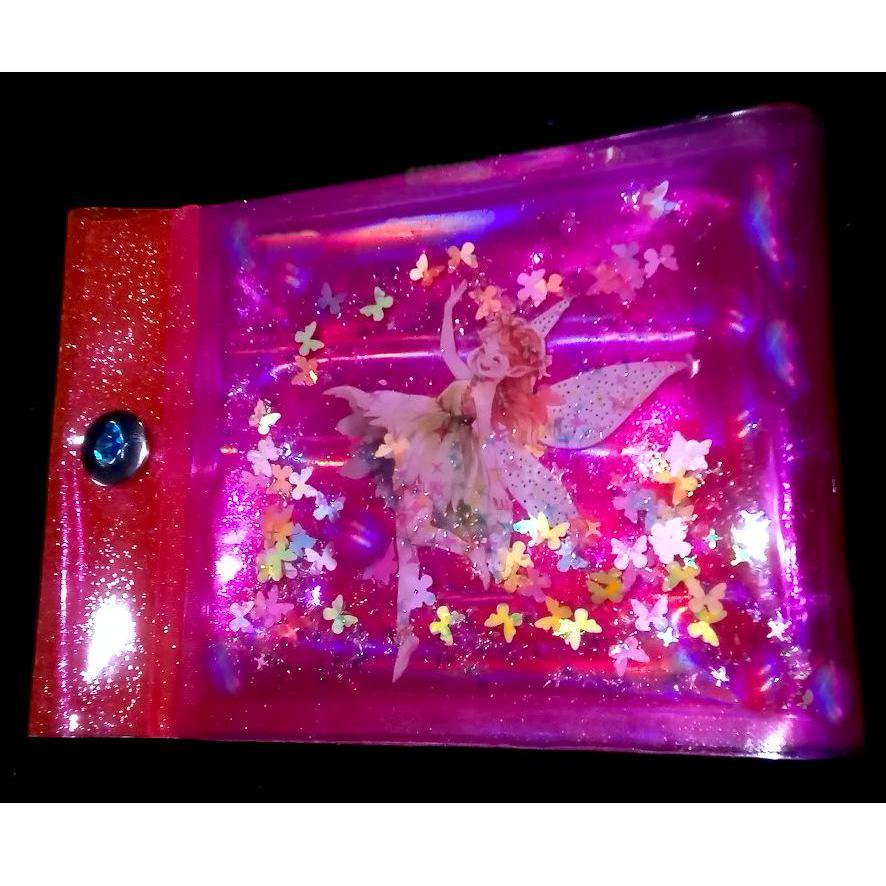 Liquid Glitter Jelly Elf Wallet. Multicolor Flower Elves Fairies & Neon Butterfly Shimmer in Holographic Hot Pink. Sensory + One-of-a-kind