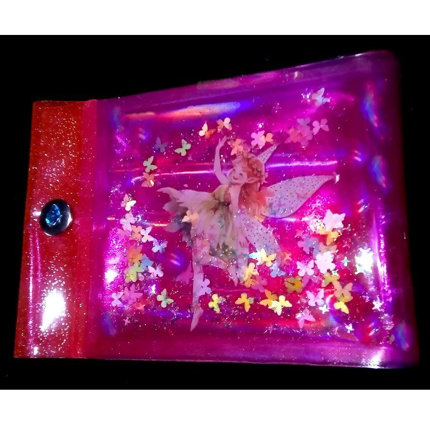 Large Liquid Glitter Jelly Elf Wallet. Multicolor Flower Elves Fairies & Butterfly Shimmer in Holographic Hot Pink Vinyl. Sensory Accessory