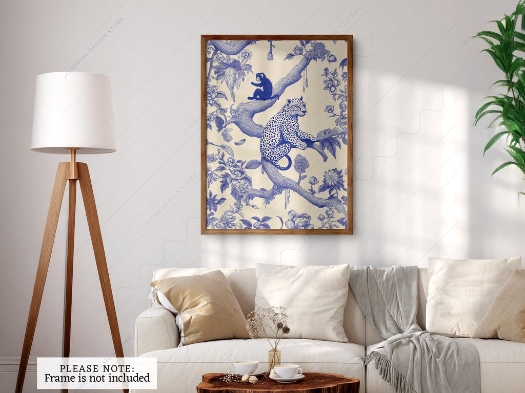 Chinoiserie Leopard & Monkey Art Print – Blue White Botanical Wall Decor