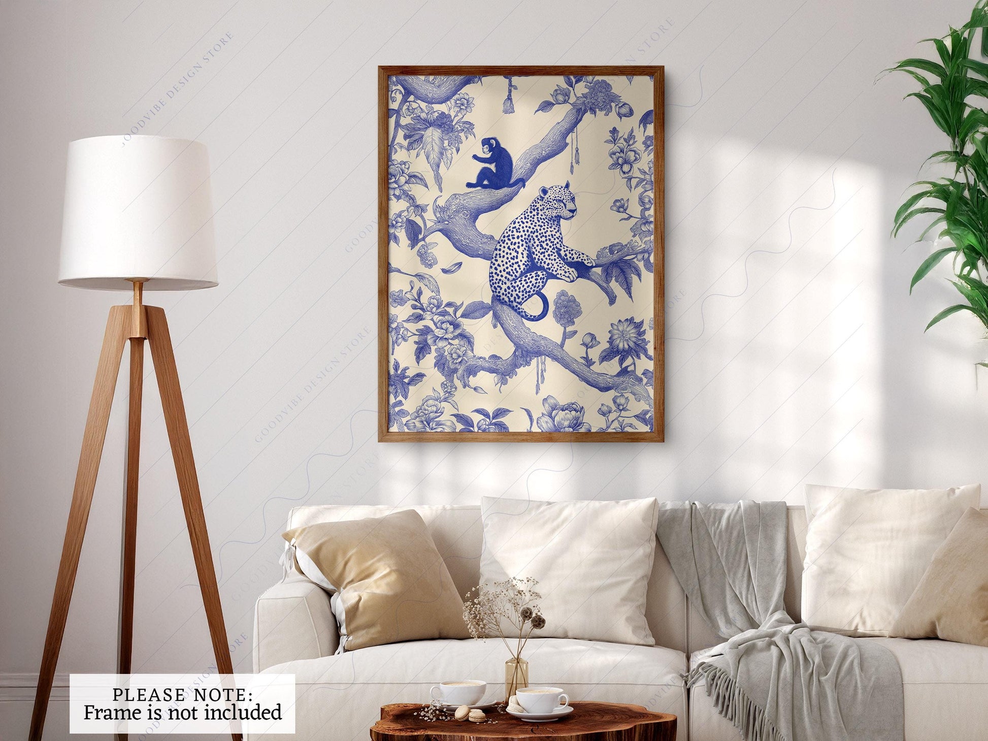 Chinoiserie Leopard & Monkey Art Print – Blue White Botanical Wall Decor
