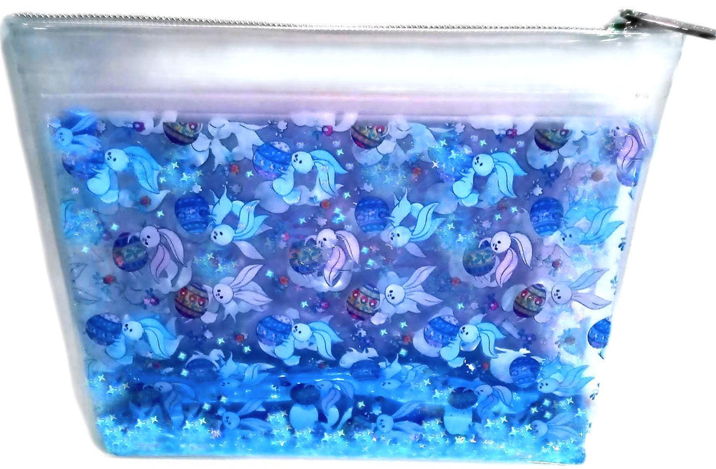 Grande trousse de maquillage liquide pailletée 2 en 1. Lapins multicolores + mini œufs. Trousse à maquillage lapin. Trousse de beauté. Étoiles scintillantes irisées.