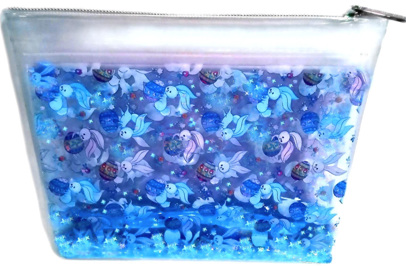 Big 2 in 1 Liquid Glitter Makeup Pouch. Multicolor Bunnies + Mini Eggs. Rabbit Cosmetic Case. Beauty Product bag. Iridescent Star Shimmer