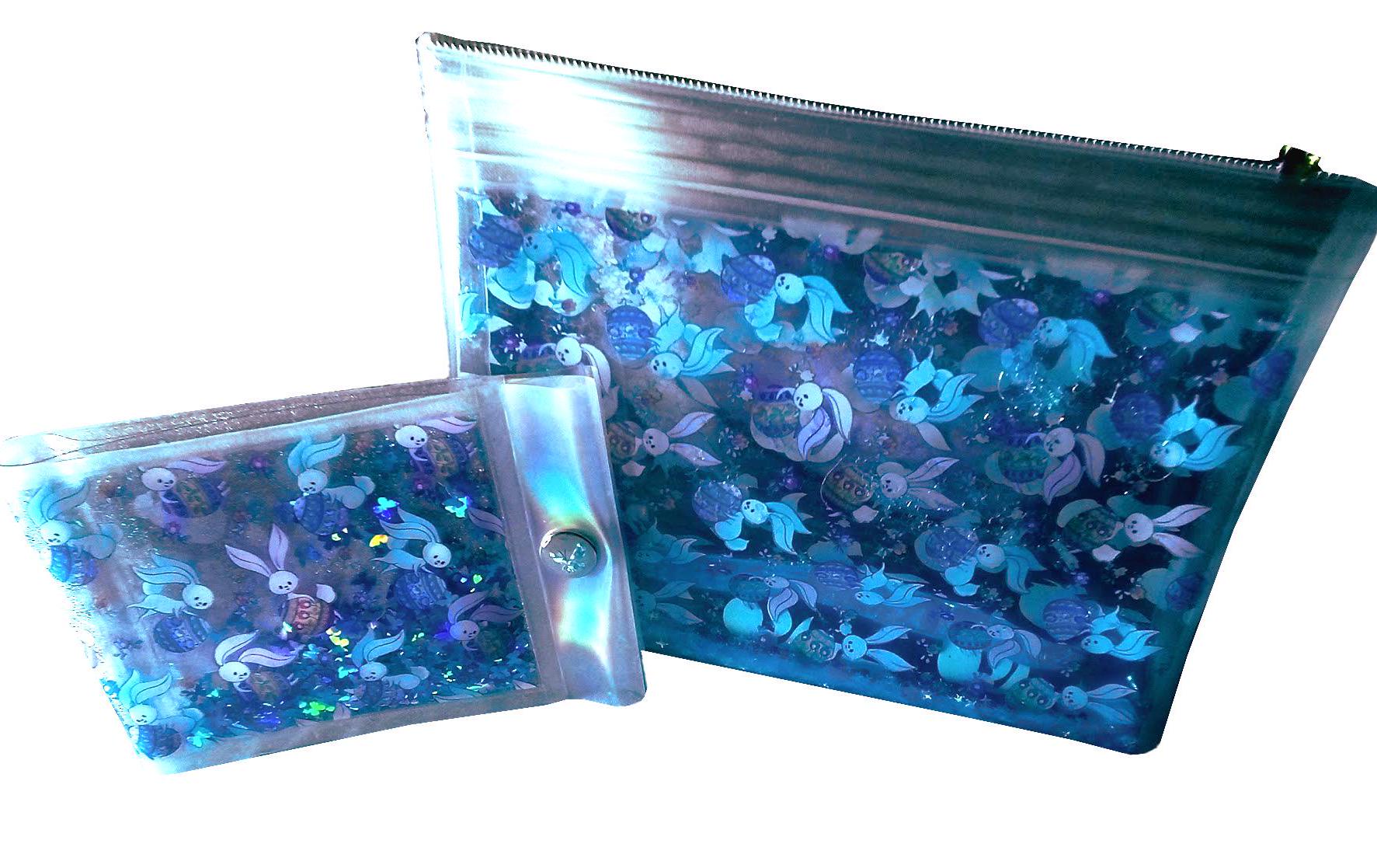 Big 2 in 1 Liquid Glitter Makeup Pouch. Multicolor Bunnies + Mini Eggs. Rabbit Cosmetic Case. Beauty Product bag. Iridescent Star Shimmer