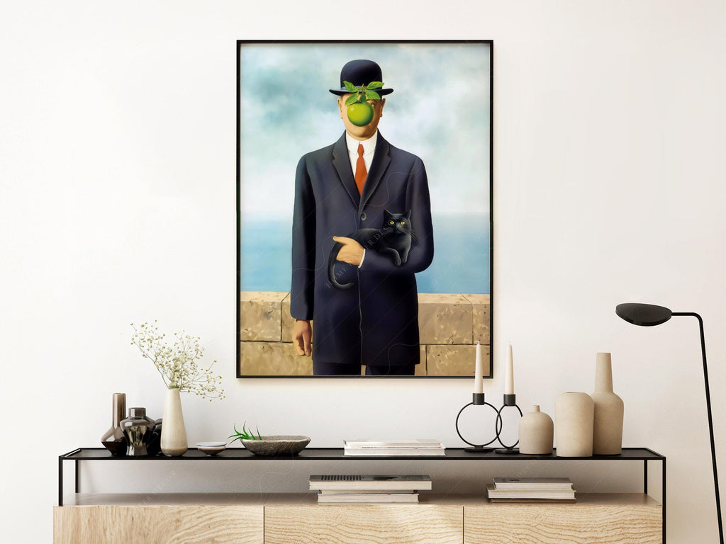 Magritte Son of Man Cat Print – Funny Surrealist Art Poster Wall Decor