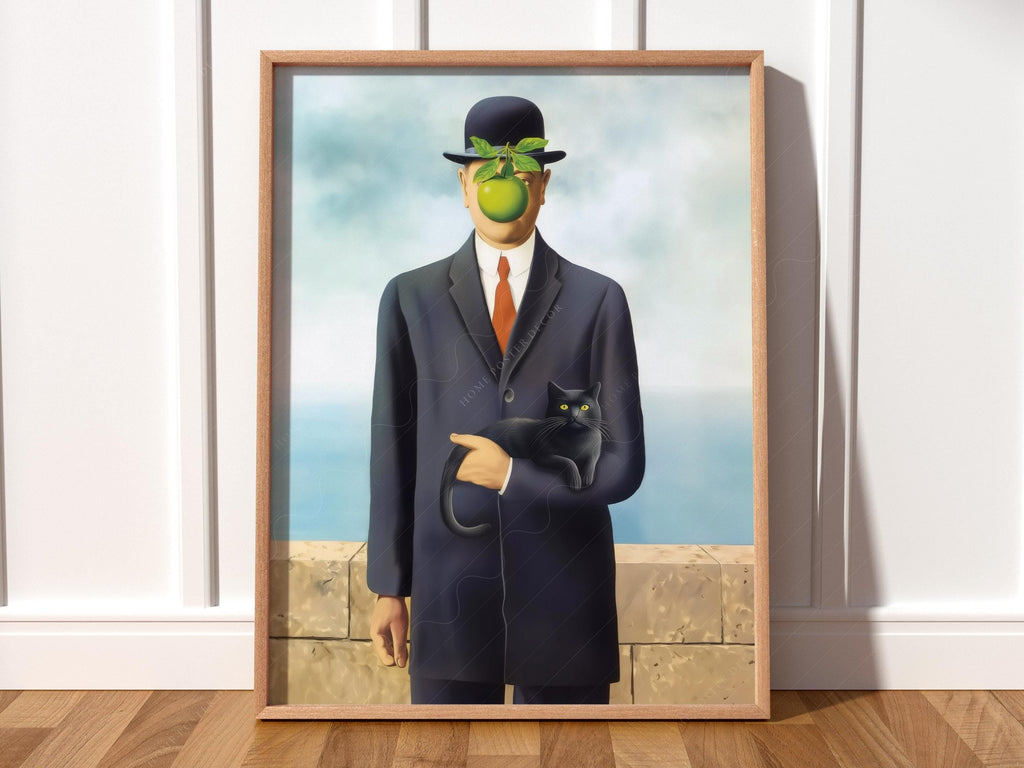 Magritte Son of Man Cat Print – Funny Surrealist Art Poster Wall Decor