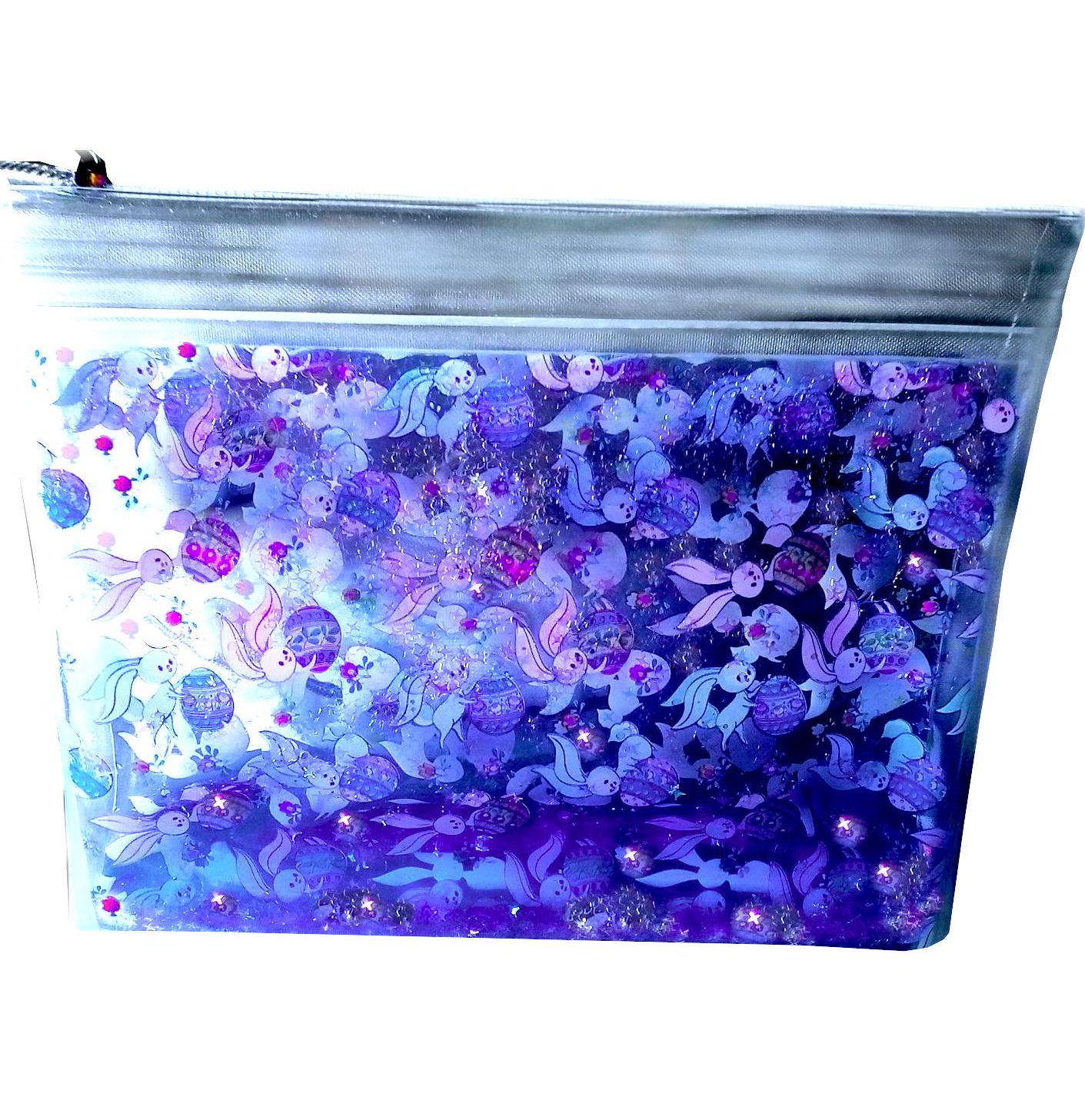 Big 2 in 1 Liquid Glitter Makeup Pouch. Multicolor Bunnies + Mini Eggs. Rabbit Cosmetic Case. Beauty Product bag. Iridescent Star Shimmer