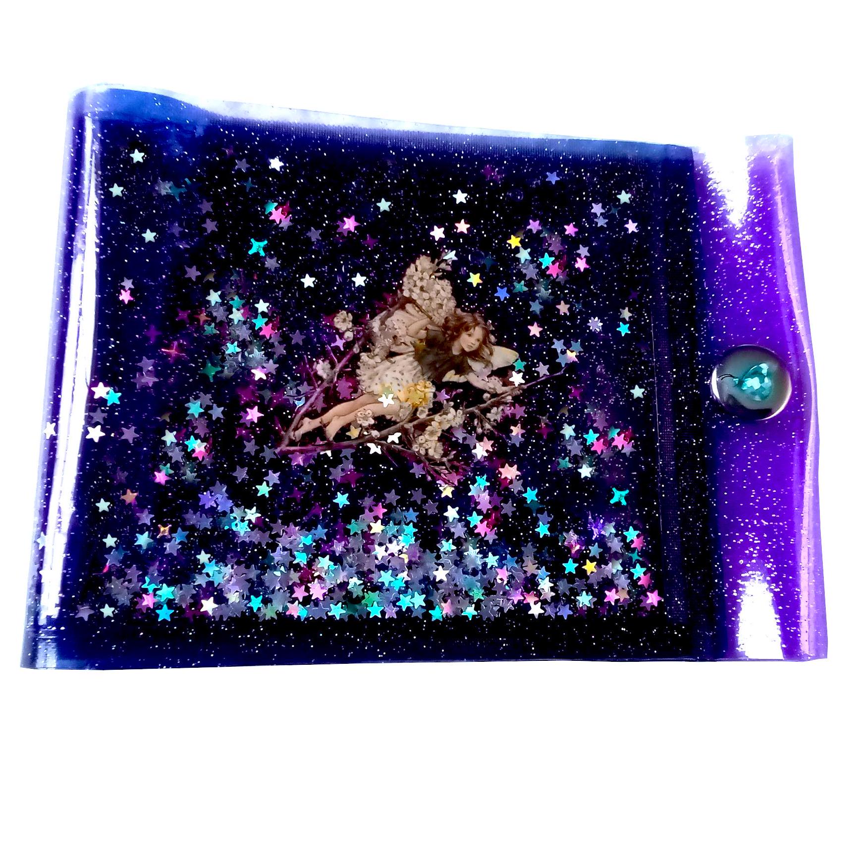 Liquid Glitter Jelly Fairy Wallet. White Flower Child Elf + Holographic Iridescent Multicoloured Star Shimmer Floating. ID Card Coin Purse