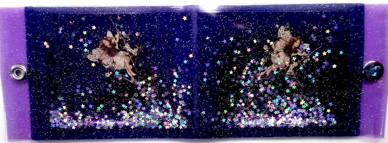 Liquid Glitter Jelly Fairy Wallet. White Flower Child Elf + Holographic Iridescent Multicoloured Star Shimmer Floating. ID Card Coin Purse