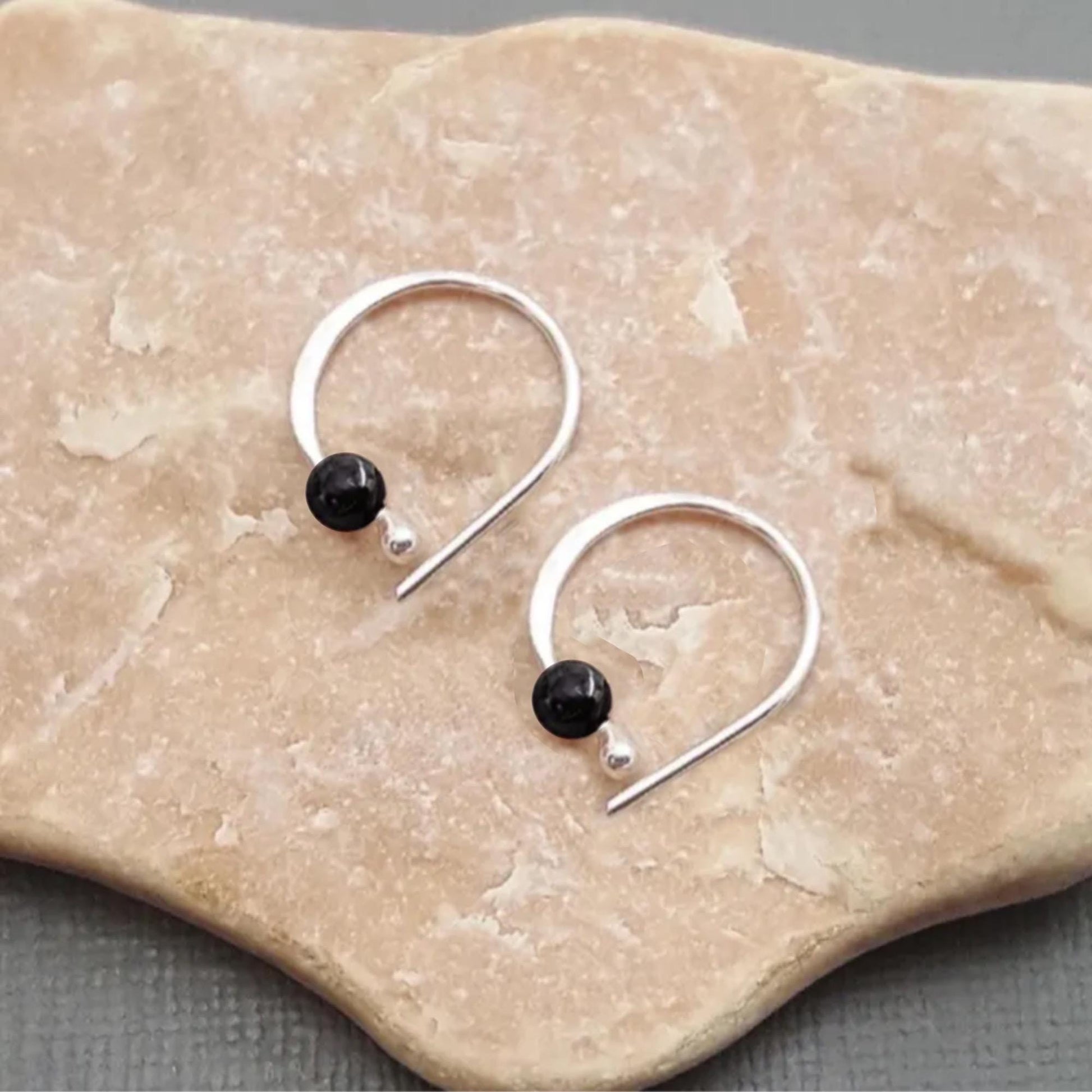 Sterling Silver Sleeper Hoop Earrings: Onyx Bead, Unisex