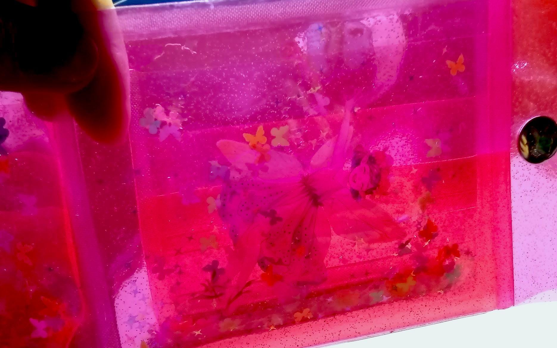 Large Liquid Glitter Jelly Elf Wallet. Multicolor Flower Elves Fairies & Butterfly Shimmer in Holographic Hot Pink Vinyl. Sensory Accessory