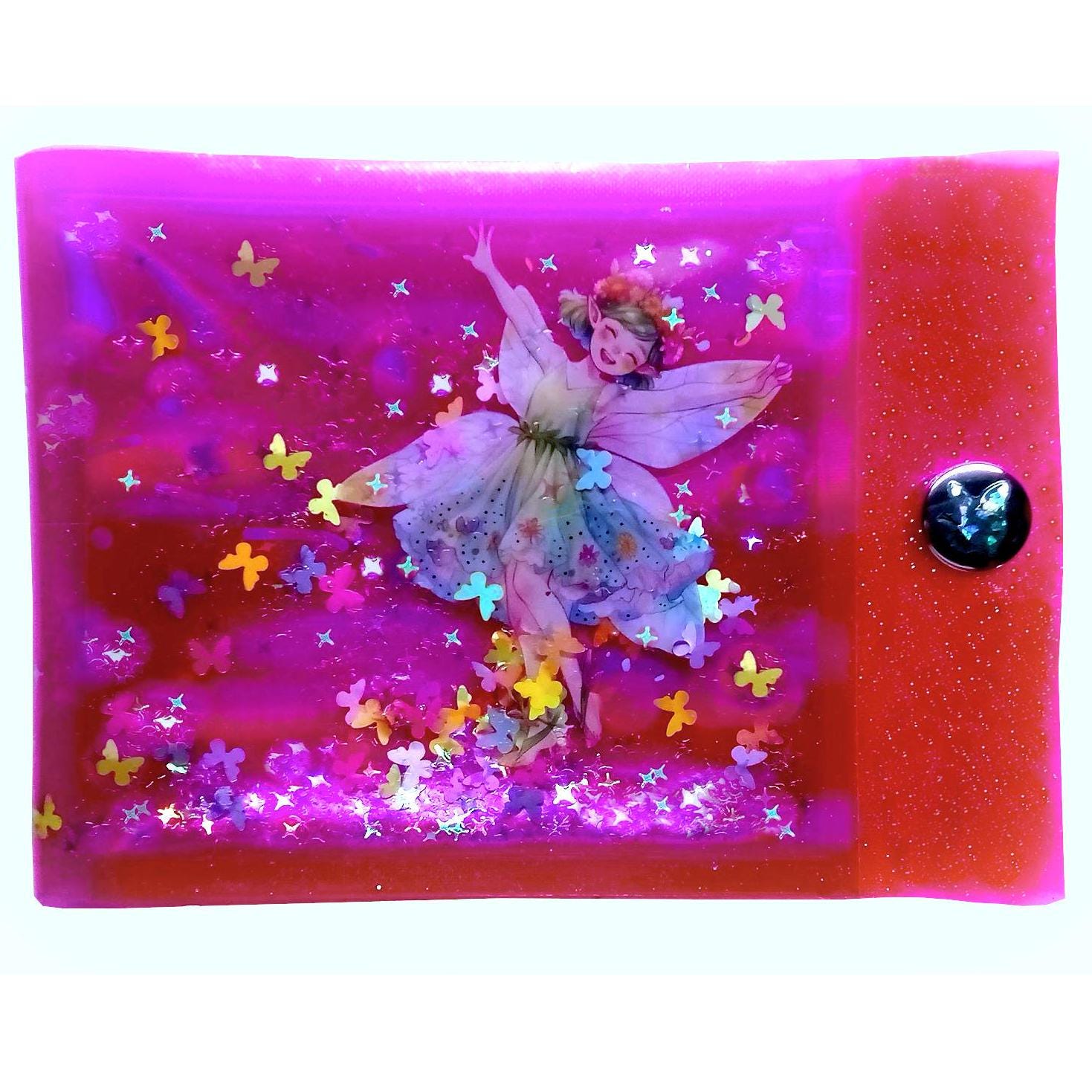 Large Liquid Glitter Jelly Elf Wallet. Multicolor Flower Elves Fairies & Butterfly Shimmer in Holographic Hot Pink Vinyl. Sensory Accessory