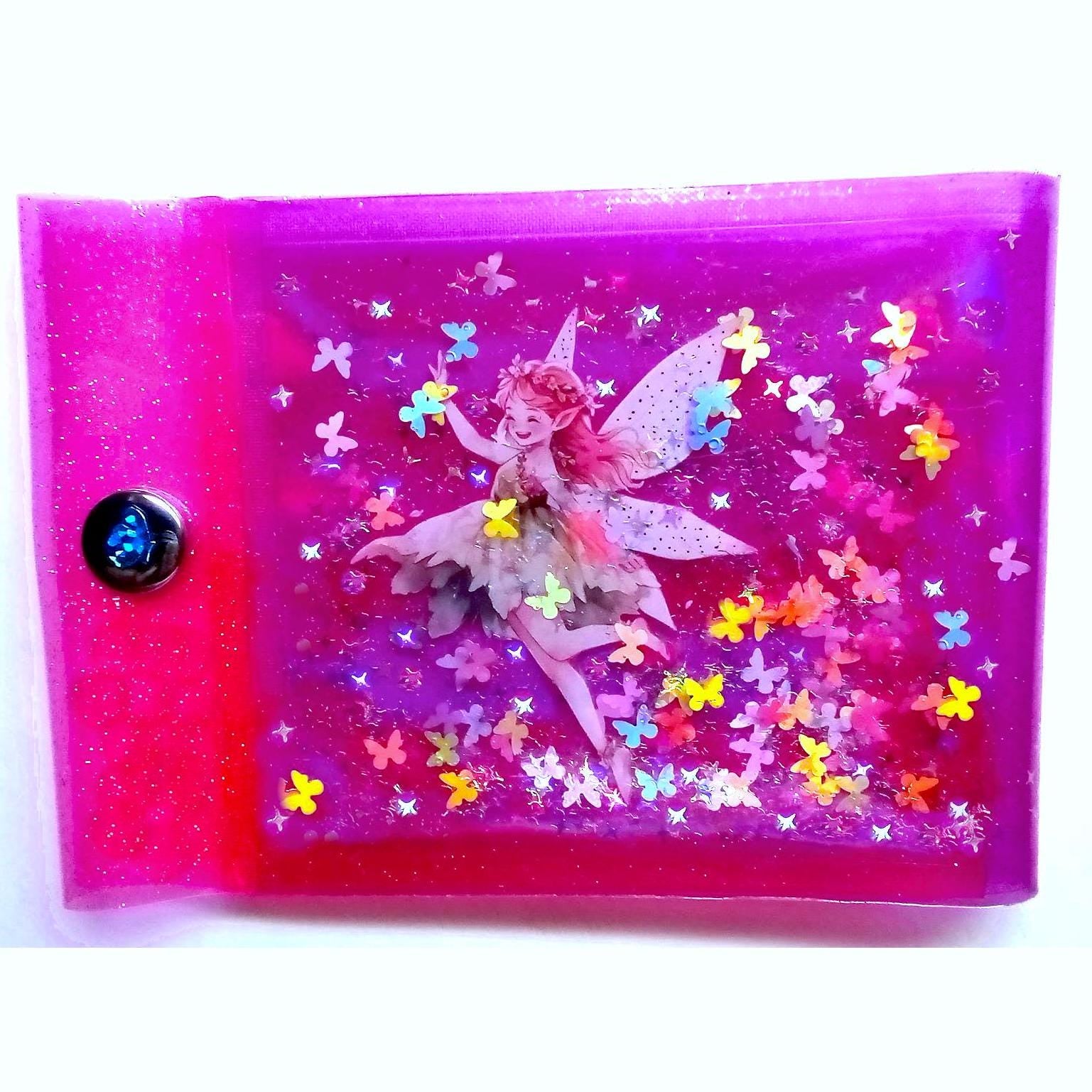 Large Liquid Glitter Jelly Elf Wallet. Multicolor Flower Elves Fairies & Butterfly Shimmer in Holographic Hot Pink Vinyl. Sensory Accessory