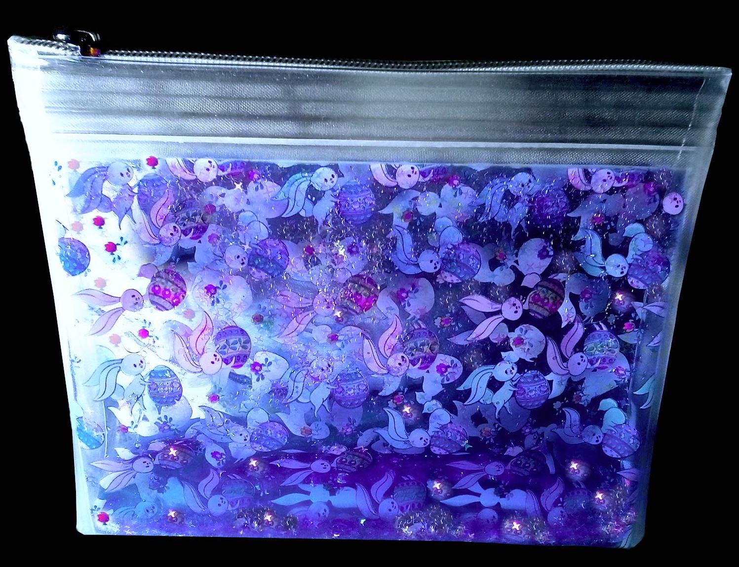 Big 2 in 1 Liquid Glitter Makeup Pouch. Multicolor Bunnies + Mini Eggs. Rabbit Cosmetic Case. Beauty Product bag. Iridescent Star Shimmer