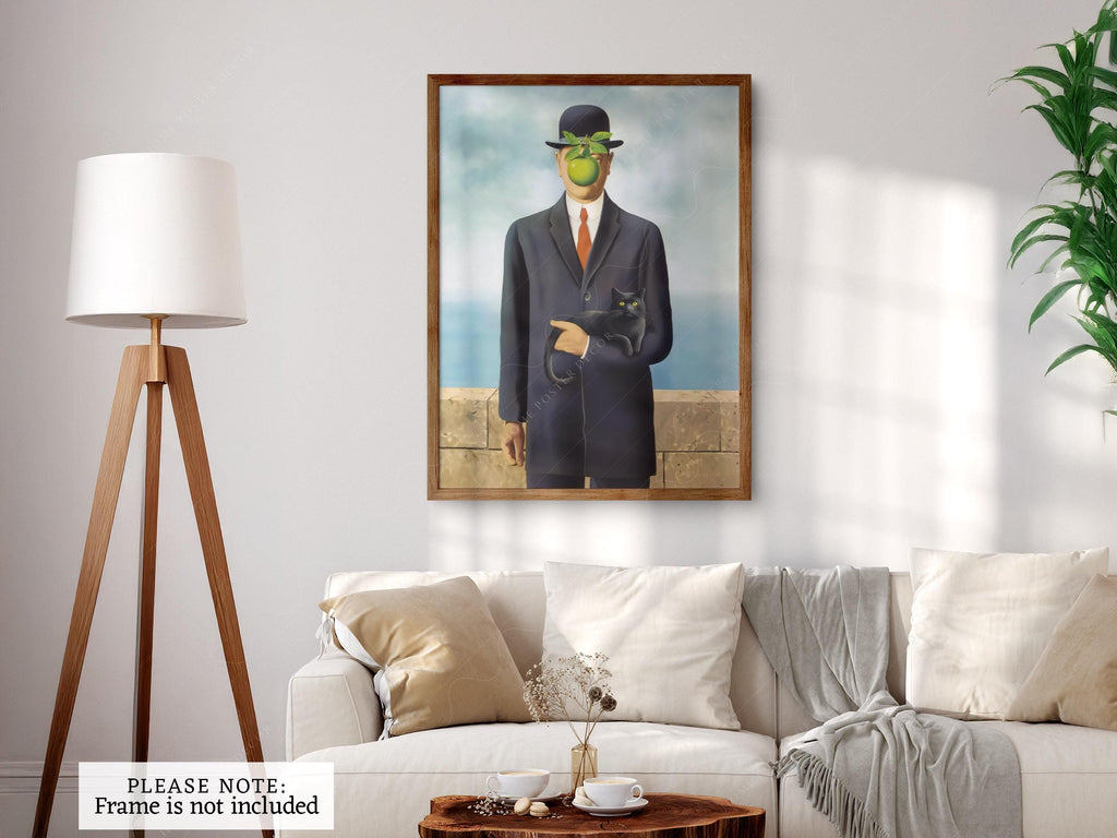 Magritte Son of Man Cat Print – Funny Surrealist Art Poster Wall Decor