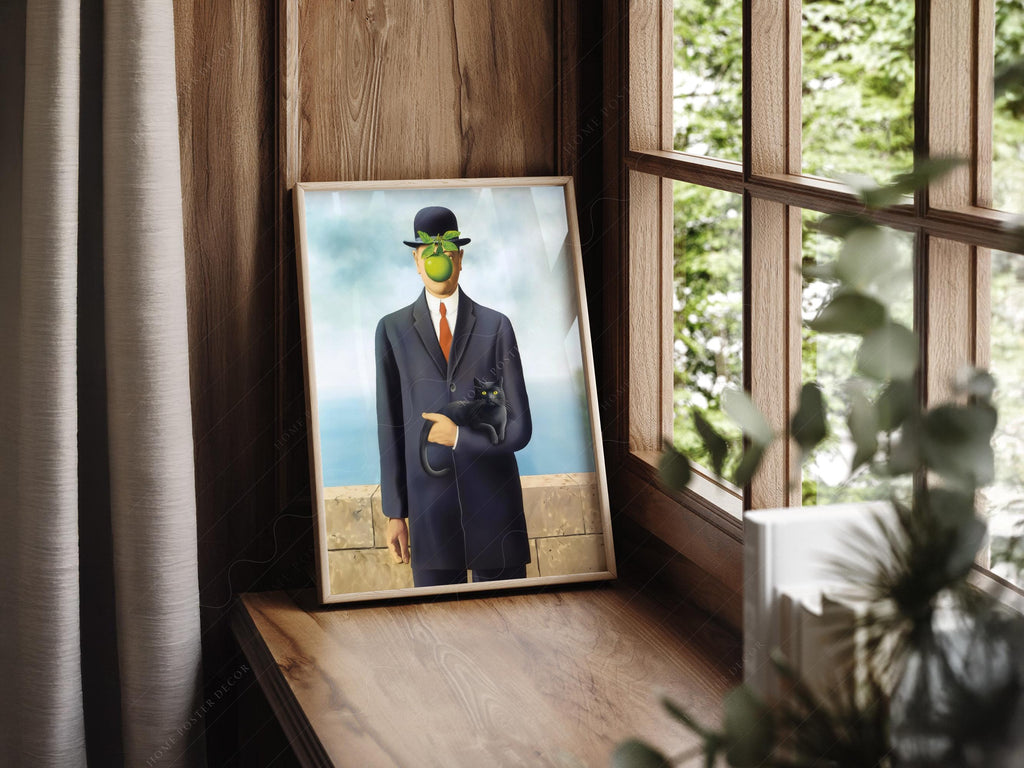 Magritte Son of Man Cat Print – Funny Surrealist Art Poster Wall Decor