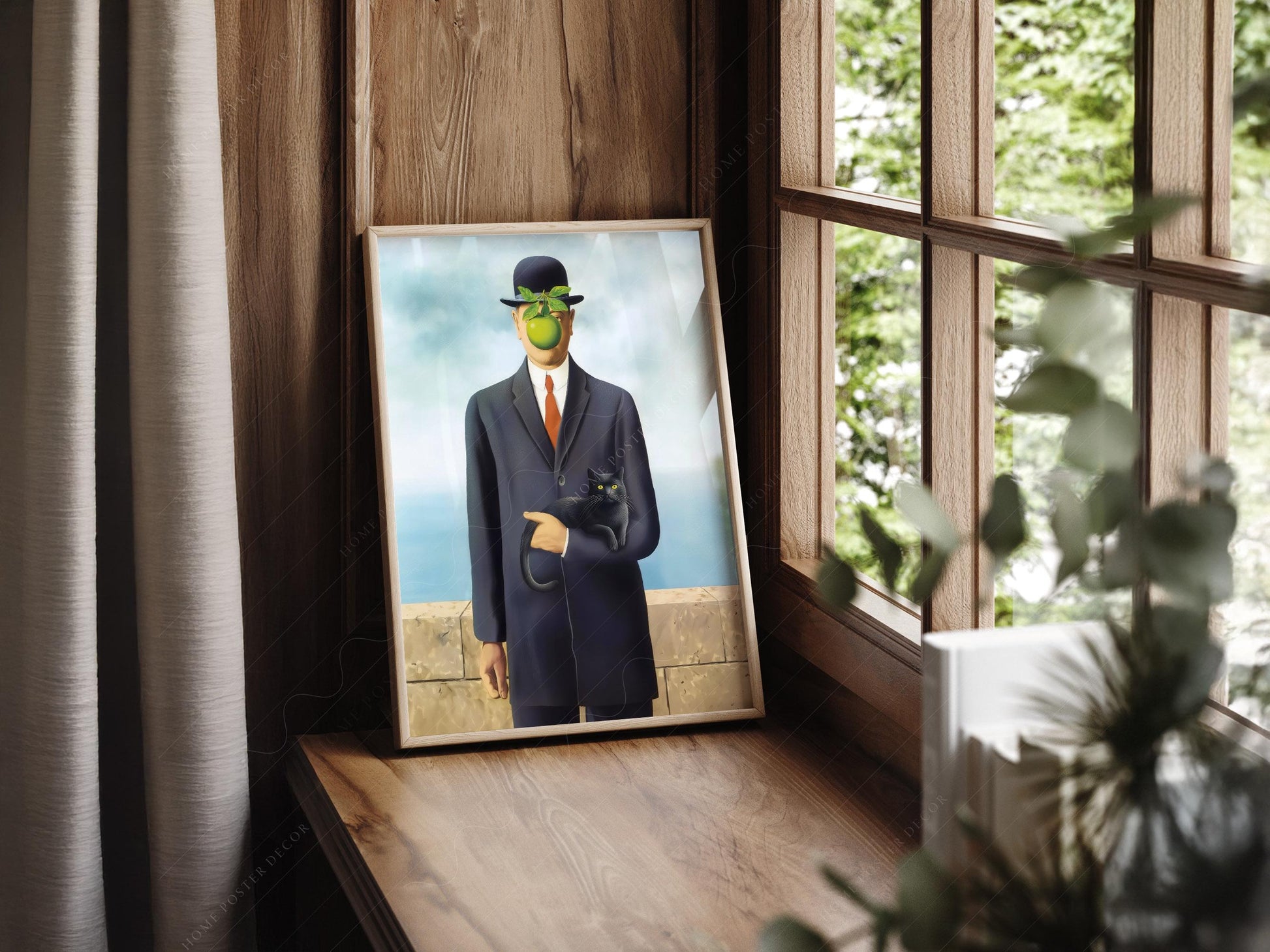 Magritte Son of Man Cat Print – Funny Surrealist Art Poster Wall Decor