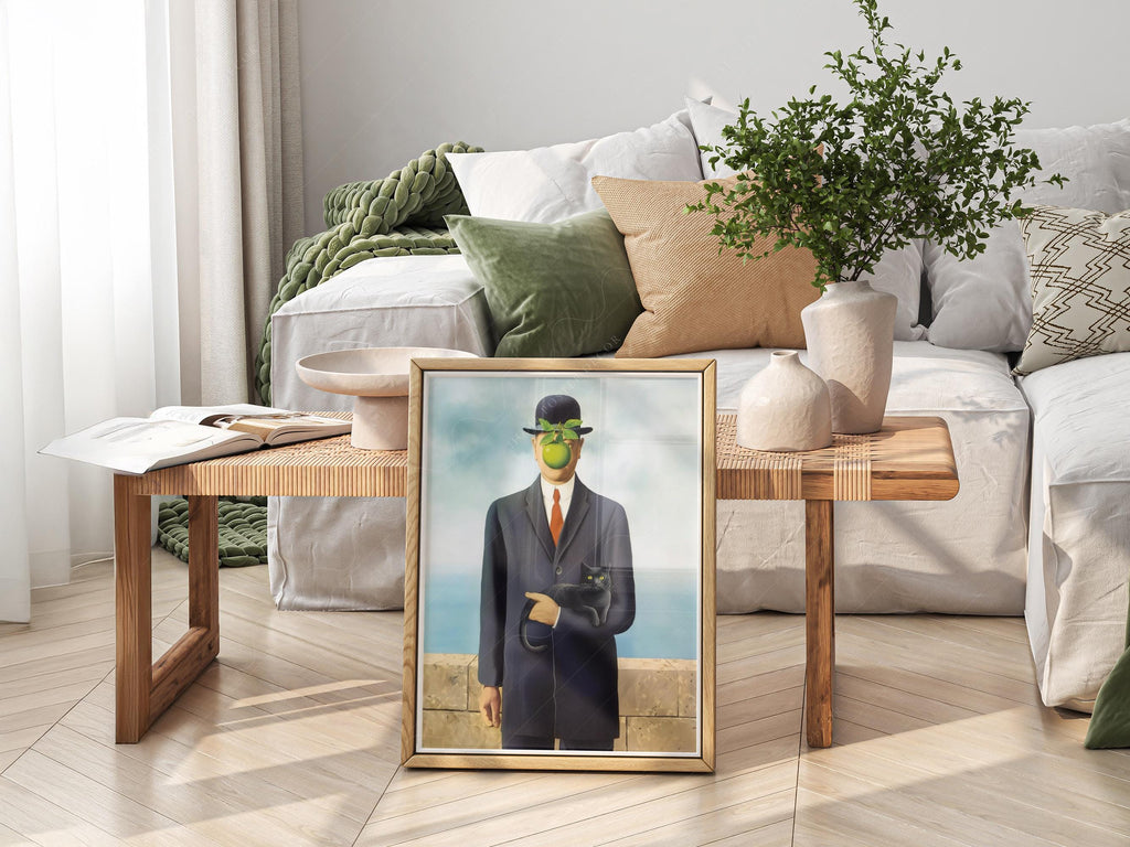 Magritte Son of Man Cat Print – Funny Surrealist Art Poster Wall Decor