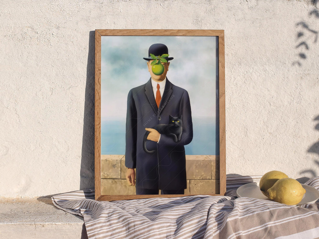 Magritte Son of Man Cat Print – Funny Surrealist Art Poster Wall Decor