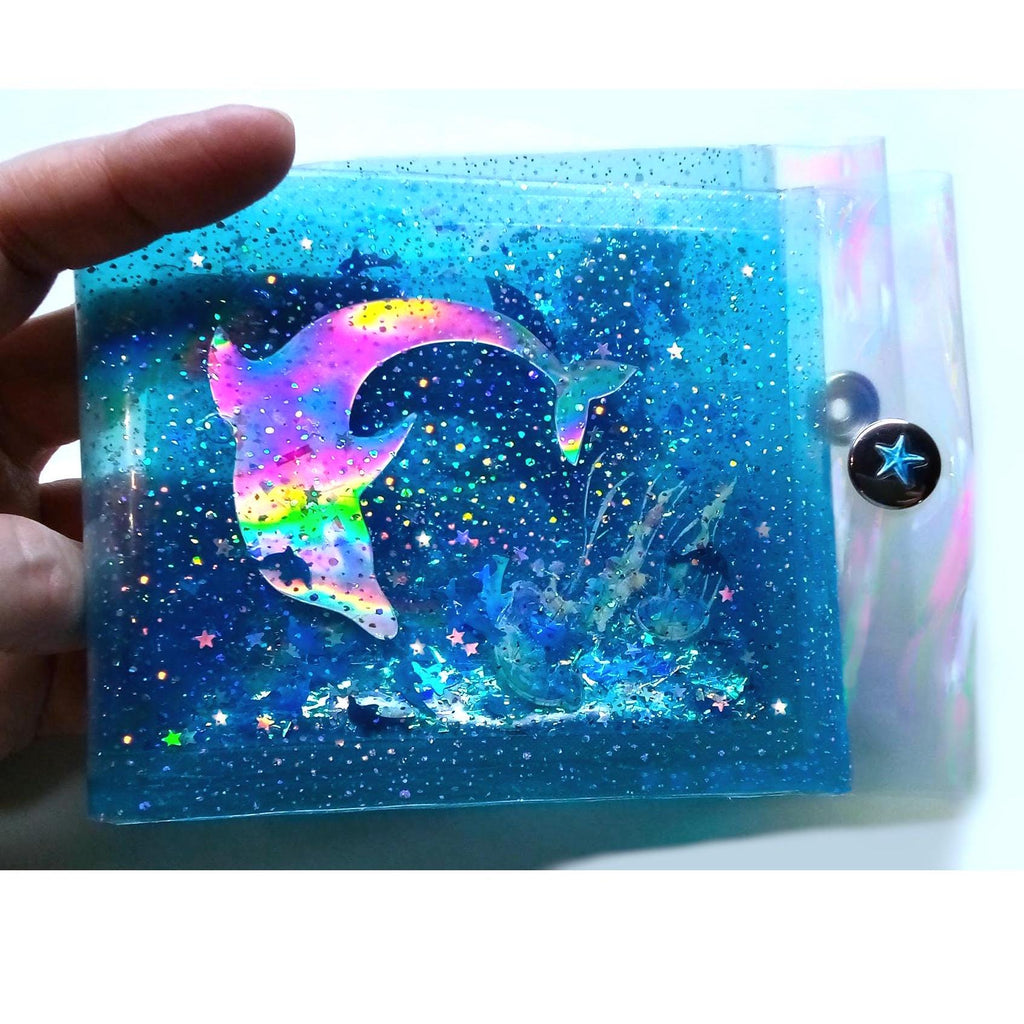 Big Liquid Glitter Jelly Wallet. Holographic Ice Dolphins & Seahorse + Jellyfish Swim in LED Crystal Dots Vinyl. Hypnotising Mirror Effect