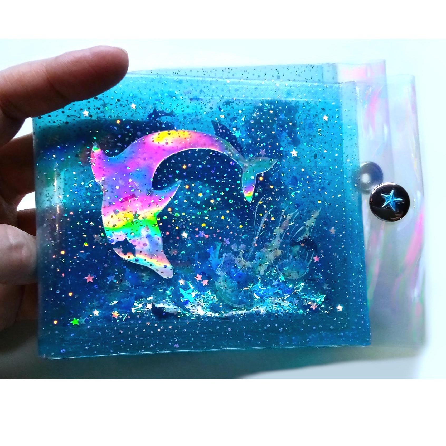 Big Liquid Glitter Jelly Wallet. Holographic Ice Dolphins & Seahorse + Jellyfish Swim in LED Crystal Dots Vinyl. Hypnotising Mirror Effect