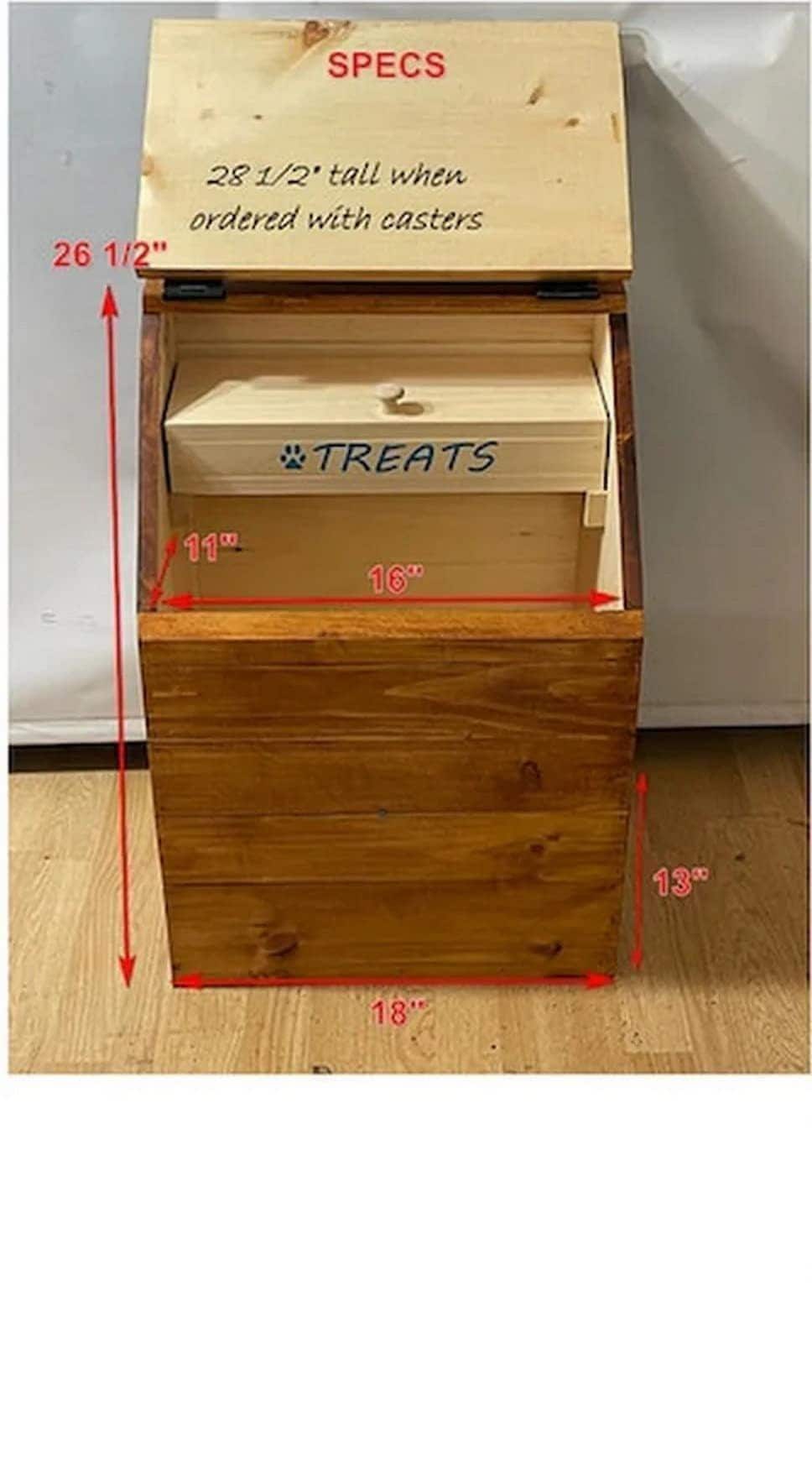 Le bac de stockage de nourriture pour chien en bois de très grande taille peut contenir des sacs de 40 lb avec une boîte de friandises crues à l'intérieur