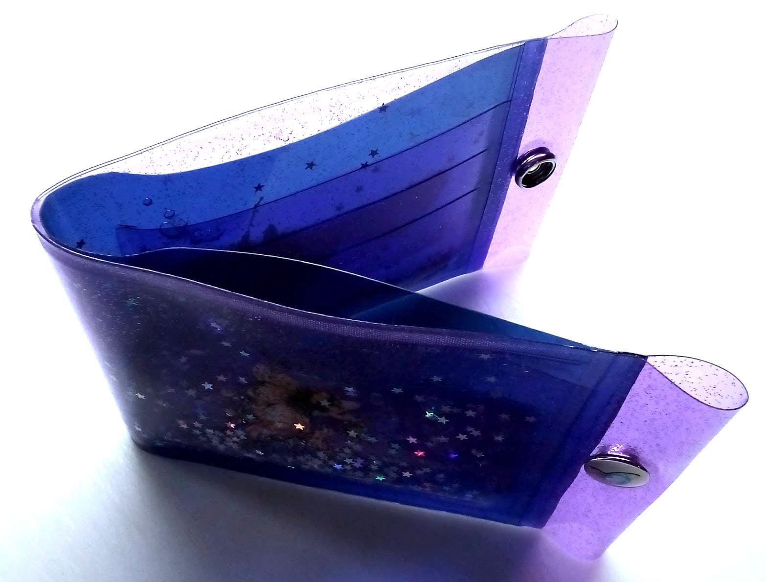 Liquid Glitter Jelly Fairy Wallet. White Flower Child Elf + Holographic Iridescent Multicoloured Star Shimmer Floating. ID Card Coin Purse