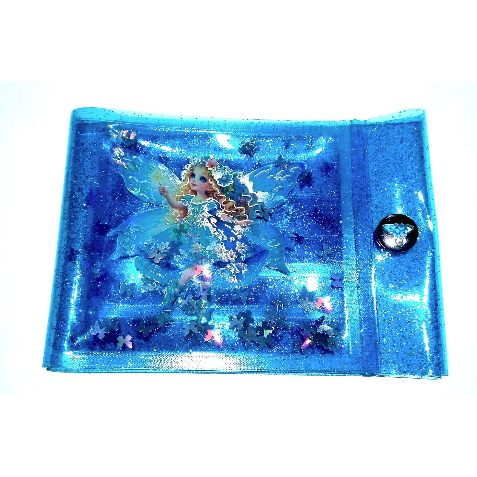 Liquid Glitter Jelly Elf Wallet. Multicoloured Flower Fairy + Holographic Butterfly Shimmer Float in Metallic Baby Blue Vinyl. LED Neon Case