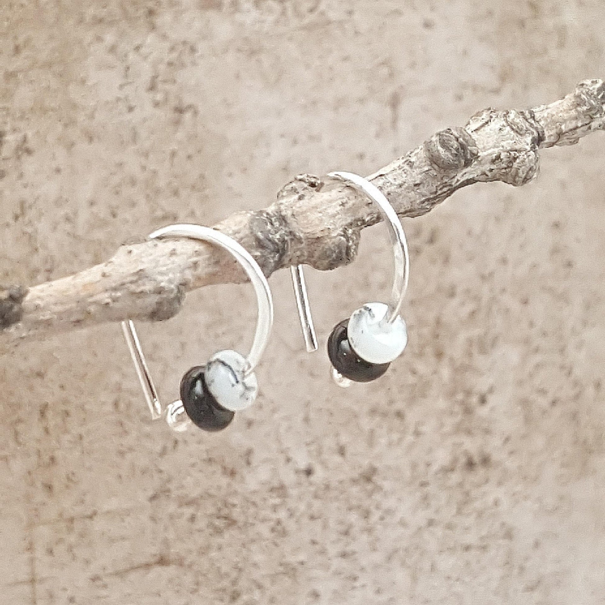 Turquoise Argentium Sterling Silver Hoop Earrings: Jasper, Onyx