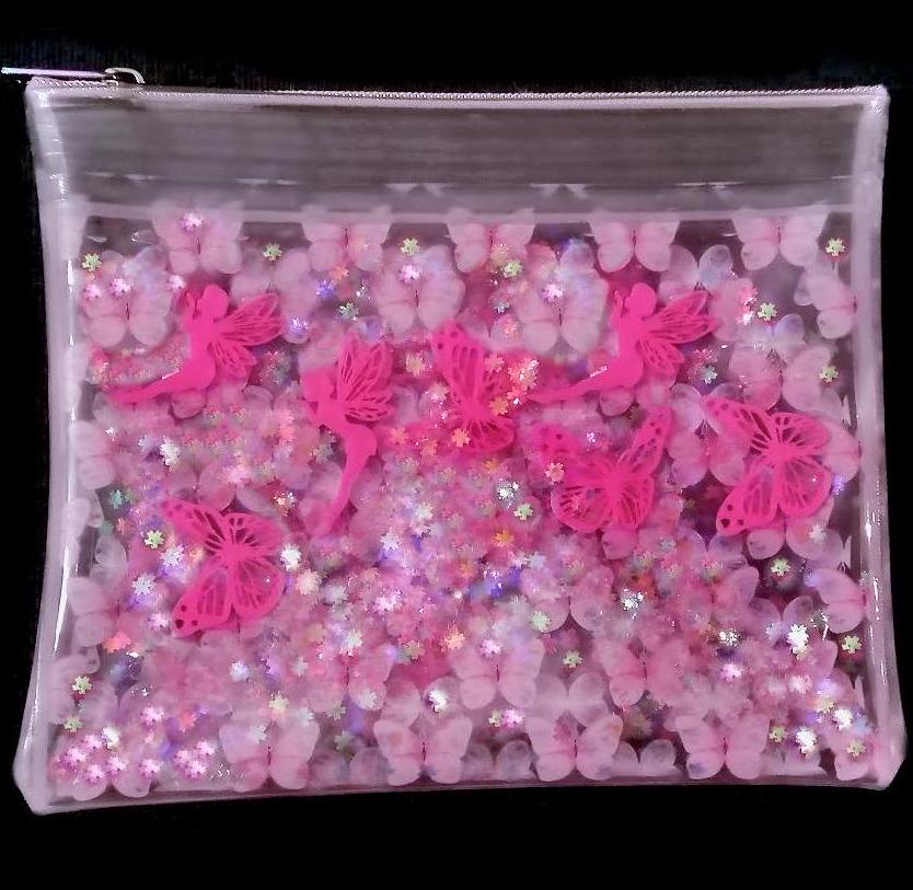 SALE! Liquid Glitter Cosmetic Pouch. Makeup Case Bag with Neon Pink Butterflies & Fairies + Iridescent Flower Shimmer Float in Printed Vinyl