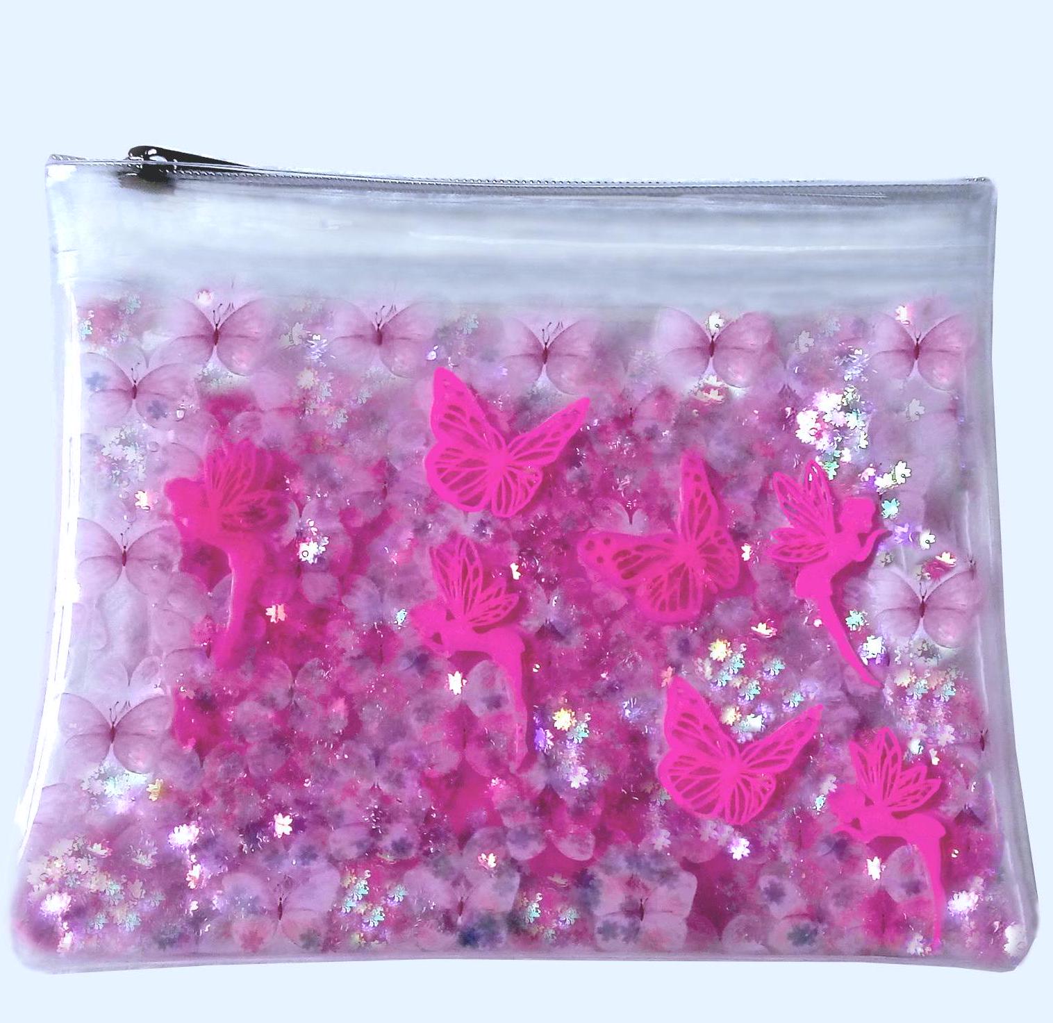 SALE! Liquid Glitter Cosmetic Pouch. Makeup Case Bag with Neon Pink Butterflies & Fairies + Iridescent Flower Shimmer Float in Printed Vinyl
