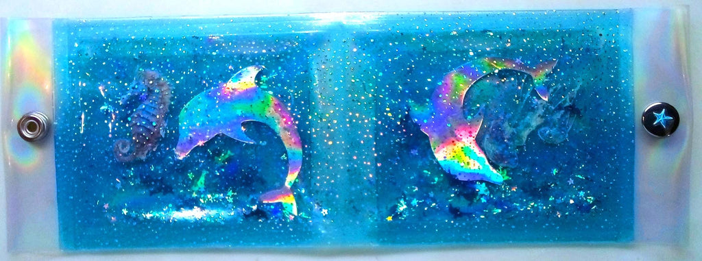 Big Liquid Glitter Jelly Wallet. Holographic Ice Dolphins & Seahorse + Jellyfish Swim in LED Crystal Dots Vinyl. Hypnotising Mirror Effect