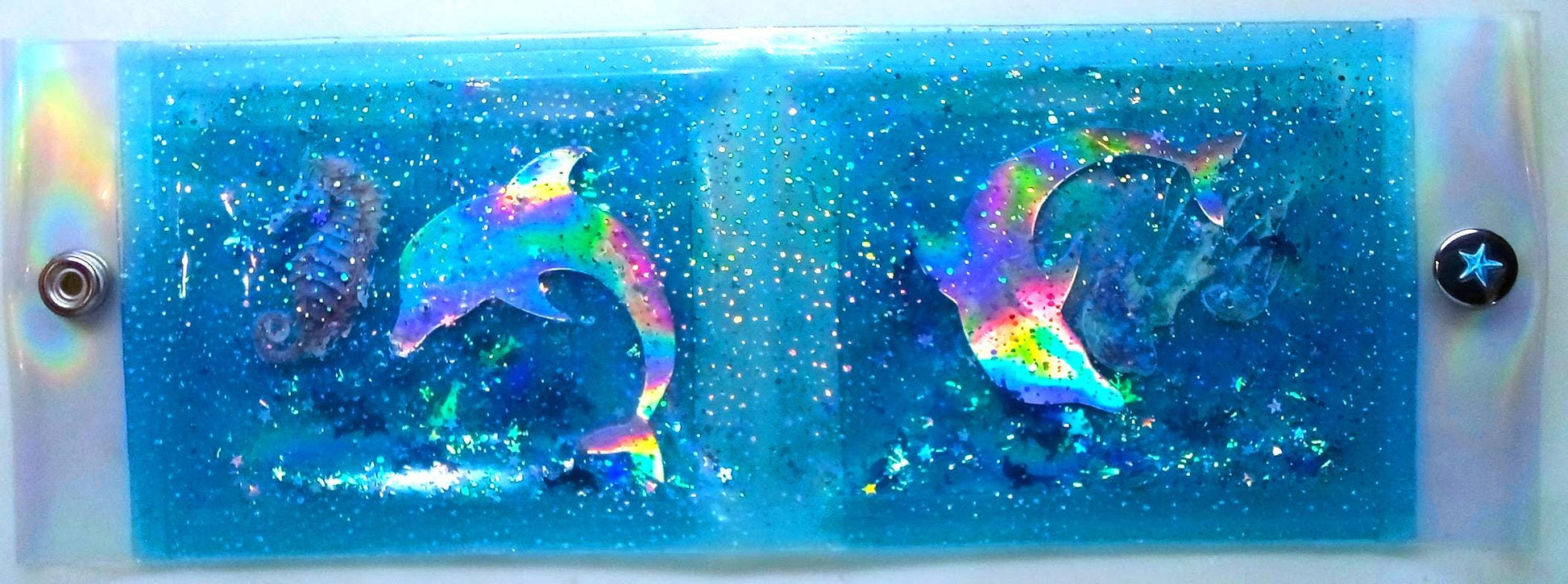 Big Liquid Glitter Jelly Wallet. Holographic Ice Dolphins & Seahorse + Jellyfish Swim in LED Crystal Dots Vinyl. Hypnotising Mirror Effect
